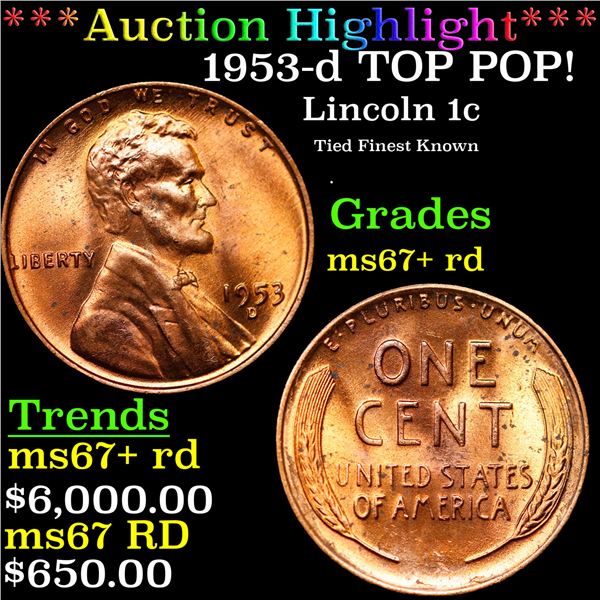 ***Auction Highlight*** 1953-d Lincoln Cent TOP POP! 1c Graded GEM++ RD BY USCG (fc)