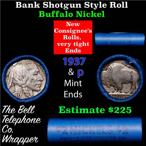 Buffalo Nickel Shotgun Roll in Old Bank Style 'Abbott Coin Counter' Wrapper 1937 & p Mint Ends
