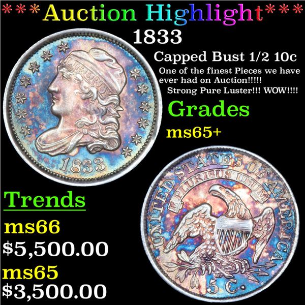 ***Auction Highlight*** 1833 Capped Bust Half Dime 1/2 10c Graded ms65+ By SEGS (fc)