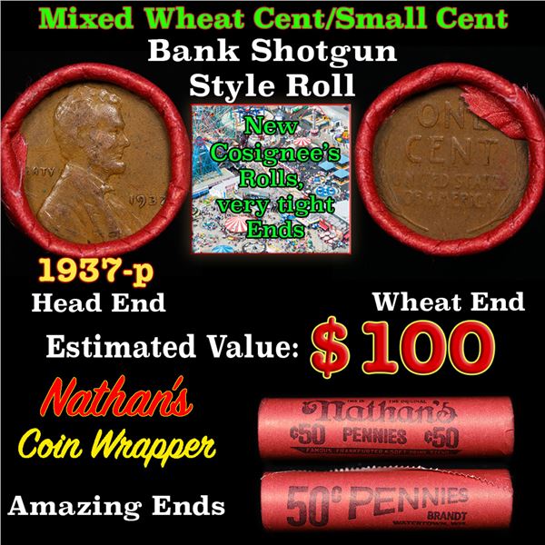 Mixed small cents 1c orig shotgun roll, 1937-p Lincoln Cent, Wheat Cent other end, Nathan's Brandt W