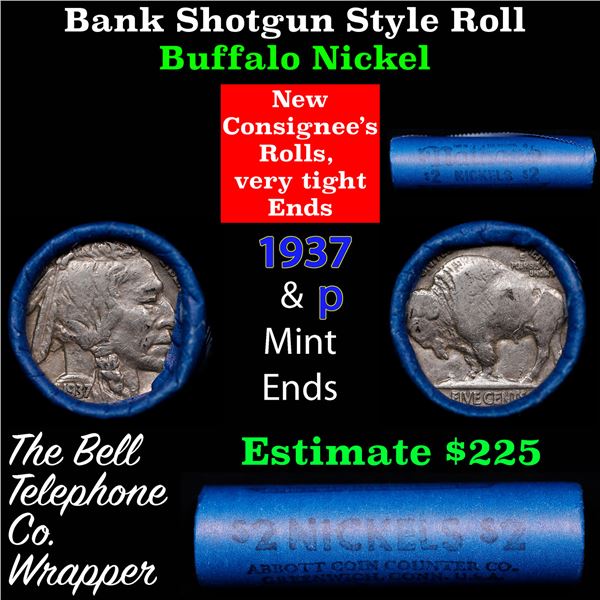 Buffalo Nickel Shotgun Roll in Old Bank Style 'Abbott Coin Counter' Wrapper 1937 & p Mint Ends