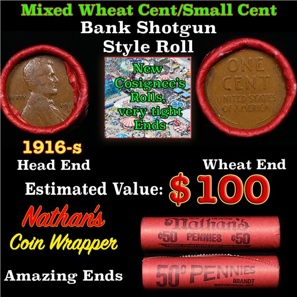 Mixed small cents 1c orig shotgun roll, 1916-s Lincoln Cent, Wheat Cent other end, Nathan's Brandt W