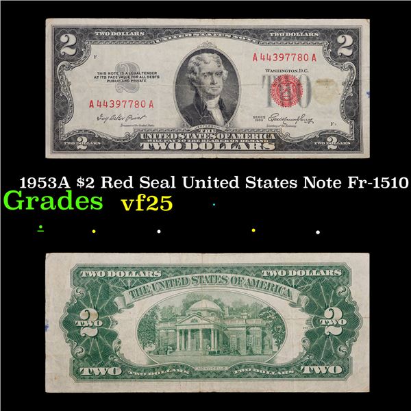 1953 $2 Red Seal United States Note Fr-1510 Grades vf+