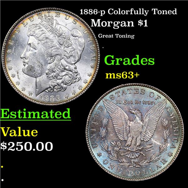 1886-p Morgan Dollar Colorfully Toned $1 Grades Select+ Unc