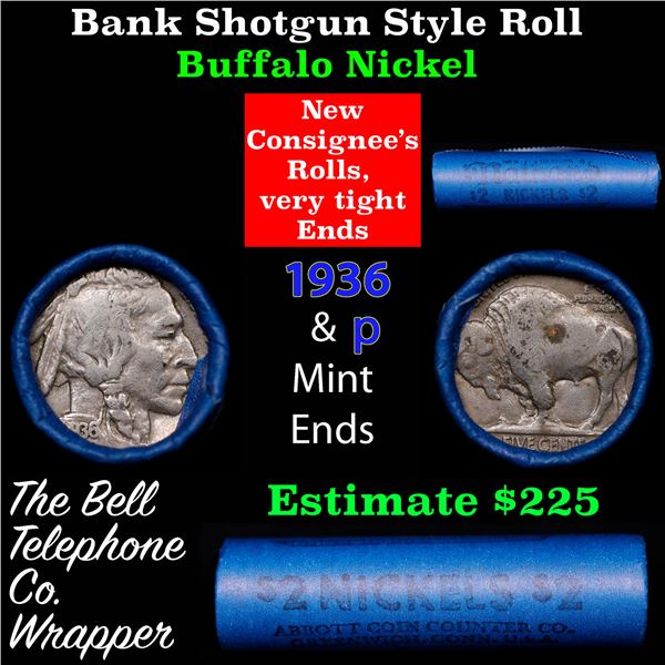 Buffalo Nickel Shotgun Roll in Old Bank Style 'Nathan's' Wrapper 1936 & p Mint Ends