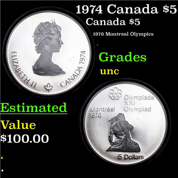 1974 Canada $5 Silver Proof Grades Brilliant Uncirculated