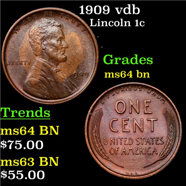 1909 vdb Lincoln Cent 1c Grades Choice Unc BN