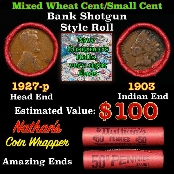 Mixed small cents 1c orig shotgun roll, 1927-p Lincoln Cent, 1903 Indian Cent other end, Nathan's Br