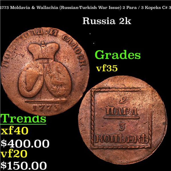 1773 Moldavia & Wallachia (Russian-Turkish War Issue) 2 Para / 3 Kopeks C# 3 Grades vf++