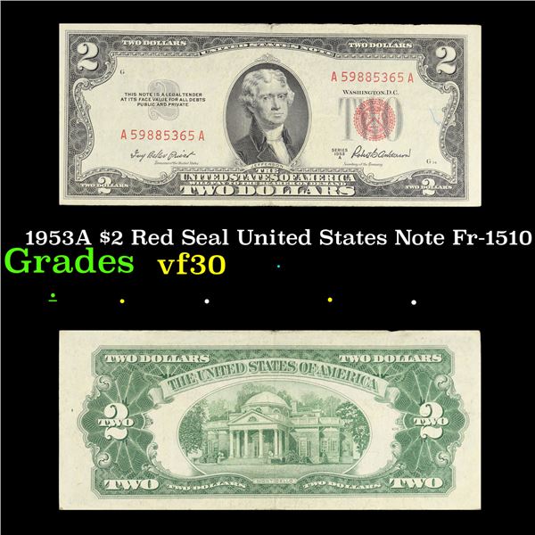 1953A $2 Red Seal United States Note Fr-1510 Grades vf++