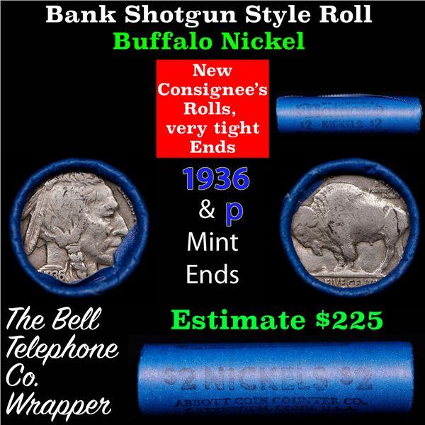 Buffalo Nickel Shotgun Roll in Old Bank Style 'Abbott Coin Counter' Wrapper 1936 & p Mint Ends