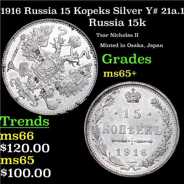 1916 Russia 15 Kopeks Silver Y# 21a.1 Grades GEM+ Unc