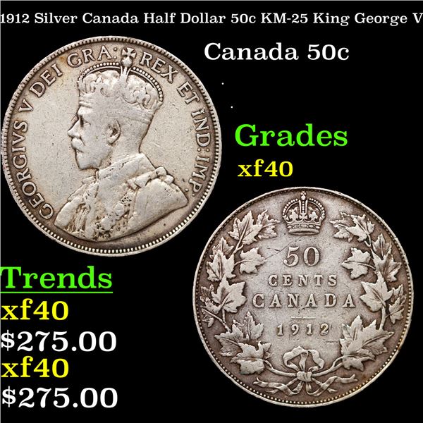 1912 Silver Canada Half Dollar 50c KM-25 King George V Grades xf