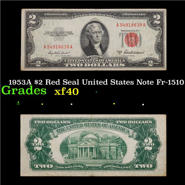 1953A $2 Red Seal United States Note Fr-1510 Grades xf
