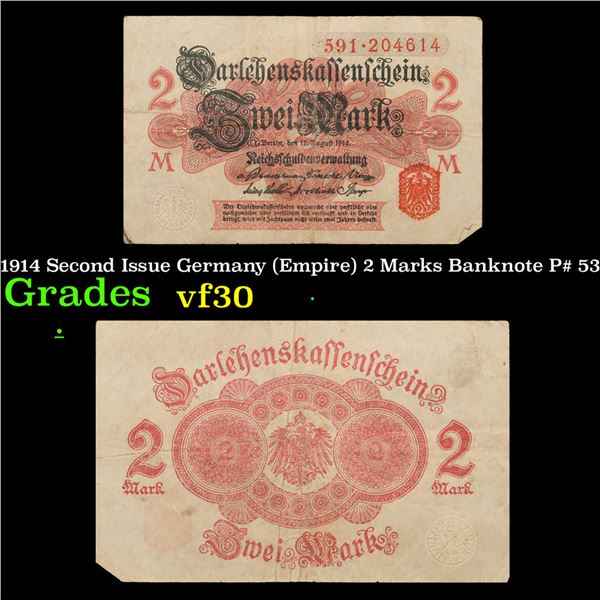 1914 Second Issue Germany (Empire) 2 Marks Banknote P# 53 Grades vf++