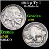 1913-p Ty I Buffalo Nickel 5c Grades vf++