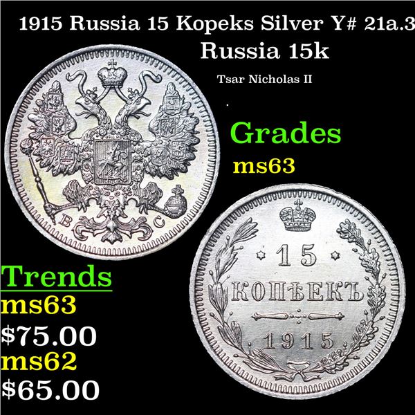 1915 Russia 15 Kopeks Silver Y# 21a.3 Grades Select Unc