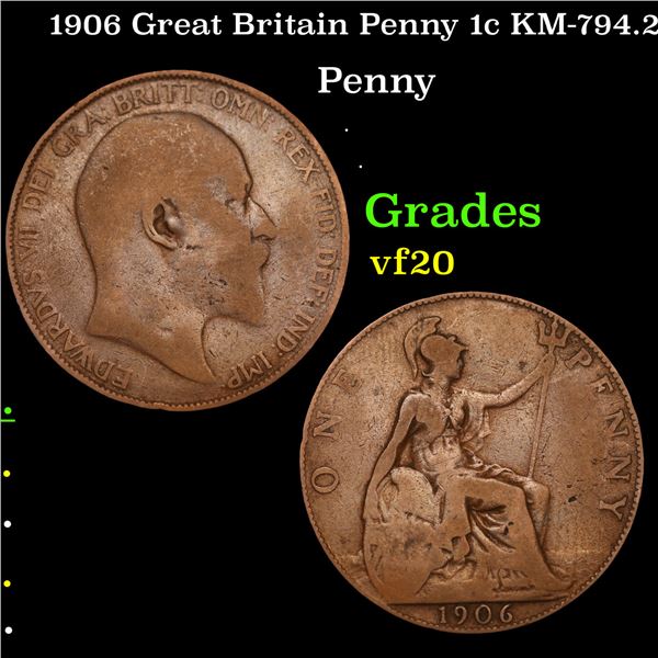1906 Great Britain Penny 1c KM-794.2 Grades vf, very fine