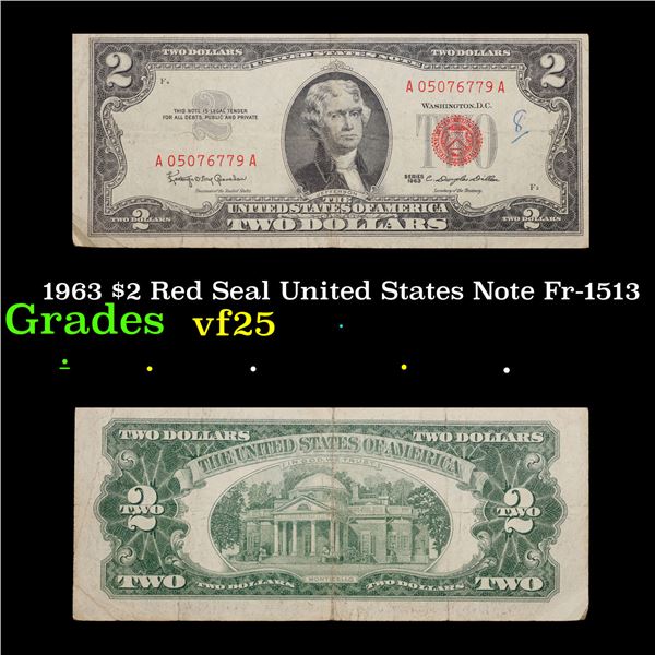 1963 $2 Red Seal United States Note Fr-1513 Grades vf+