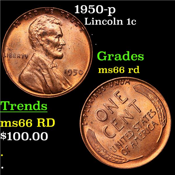 1950-p Lincoln Cent 1c Grades GEM+ Unc RD