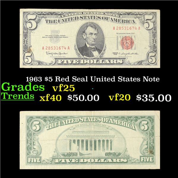 1963 $5 Red Seal United States Note Grades vf+