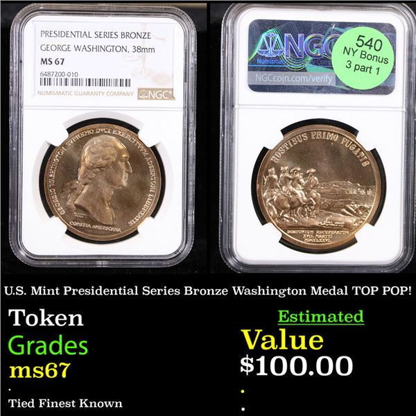 NGC U.S. Mint Presidential Series Bronze Washington Medal TOP POP! Graded ms67 By NGC