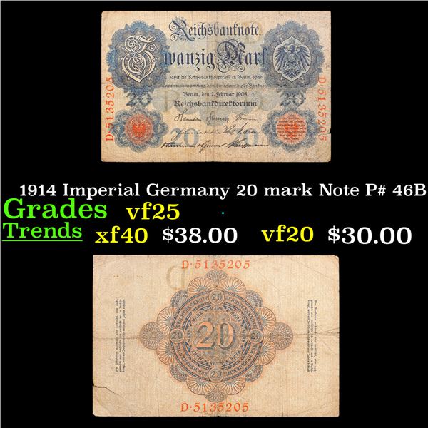 1914 Imperial Germany 20 mark Note P# 46B Grades vf+