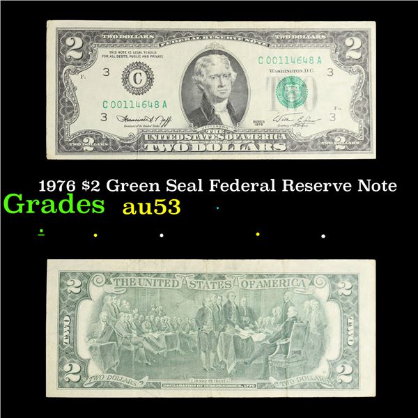 1976 $2 Green Seal Federal Reserve Note Grades Select AU