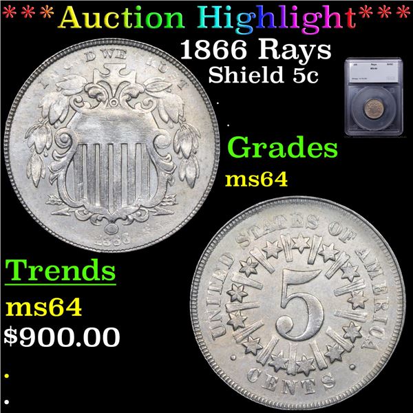 ***Auction Highlight*** 1866 Rays Shield Nickel 5c Grades Choice Unc By SEGS (fc)