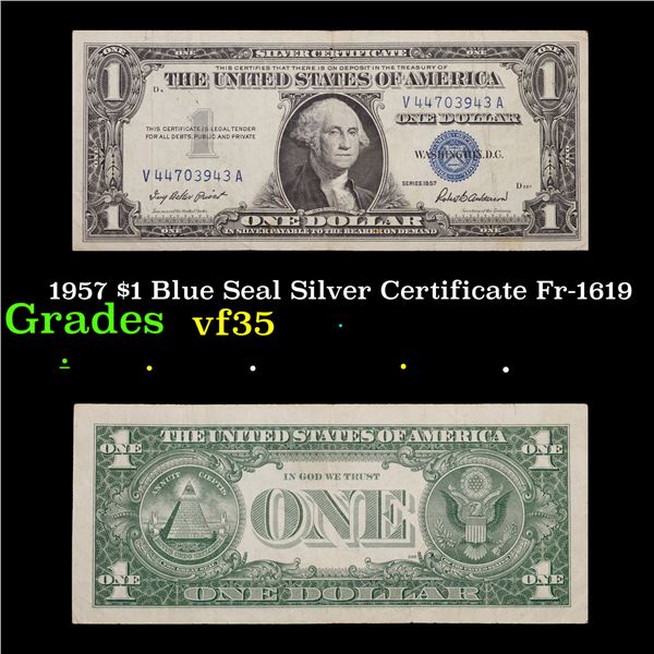 1957 $1 Blue Seal Silver Certificate Fr-1619 Grades vf++