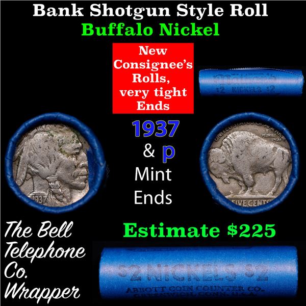 Buffalo Nickel Shotgun Roll in Old Bank Style 'Abbott Coin Counter' Wrapper 1937 & p Mint Ends