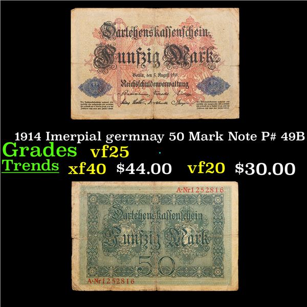 1914 Imerpial germnay 50 Mark Note P# 49B Grades vf+