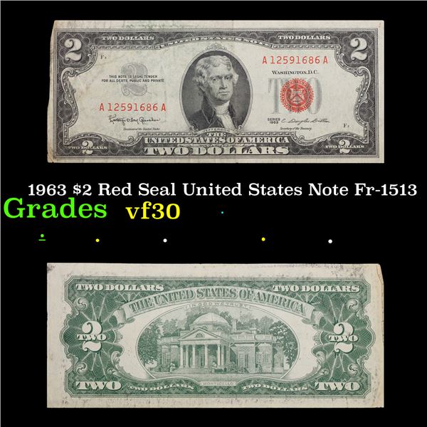 1963 $2 Red Seal United States Note Fr-1513 Grades vf++