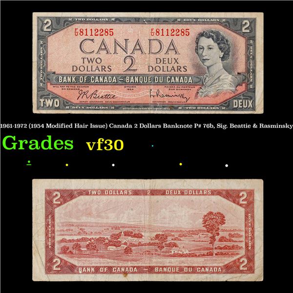 1961-1972 (1954 Modified Hair Issue) Canada 2 Dollars Banknote P# 76b, Sig. Beattie & Rasminsky Grad