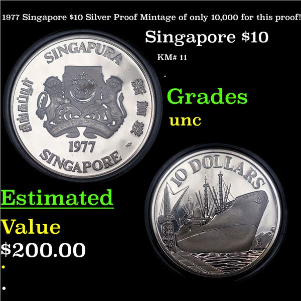 1977 Singapore $10 Silver Proof Mintage of only 10,000 for this proof! Grades GEM++ Proof Deep Cameo