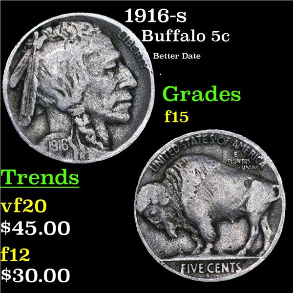 1916-s Buffalo Nickel 5c Grades f+