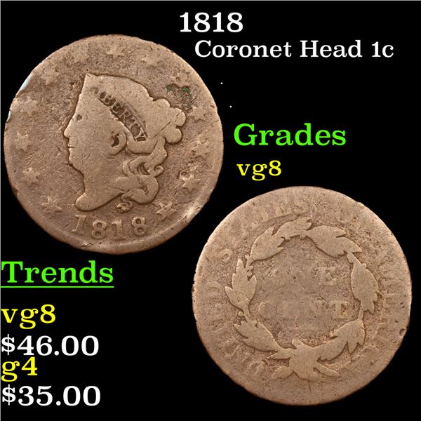 1818 Coronet Head Large Cent 1c Grades vg, very good