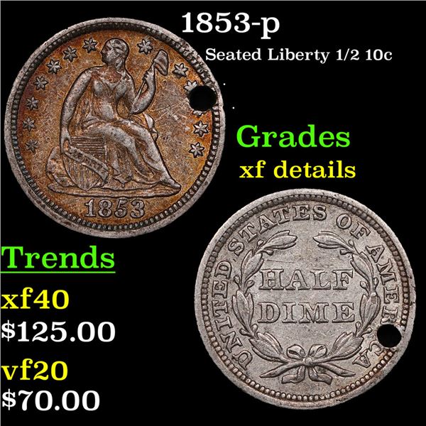 1853-p Seated Liberty Half Dime 1/2 10c Grades xf details