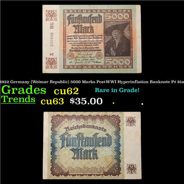 1922 Germany (Weimar Republic) 5000 Marks Post-WWI Hyperinflation Banknote P# 81a Grades Select CU