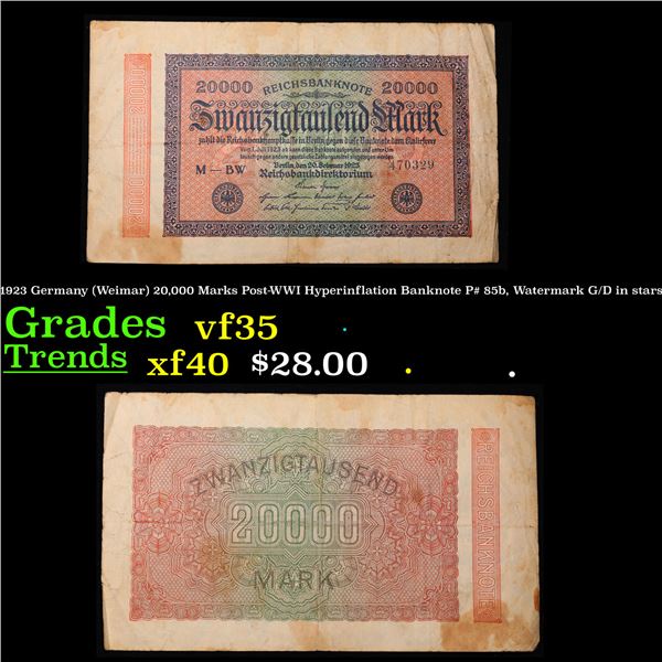 1923 Germany (Weimar) 20,000 Marks Post-WWI Hyperinflation Banknote P# 85b, Watermark G/D in stars G