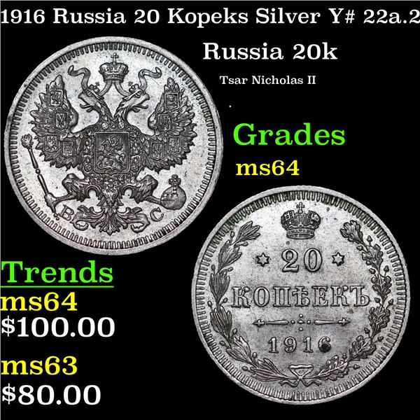 1916 Russia 20 Kopeks Silver Y# 22a.2 Grades Choice Unc
