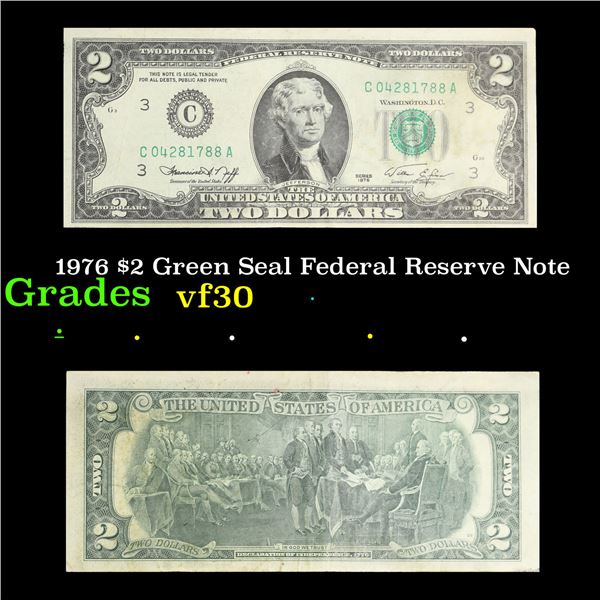 1976 $2 Green Seal Federal Reserve Note Grades vf++