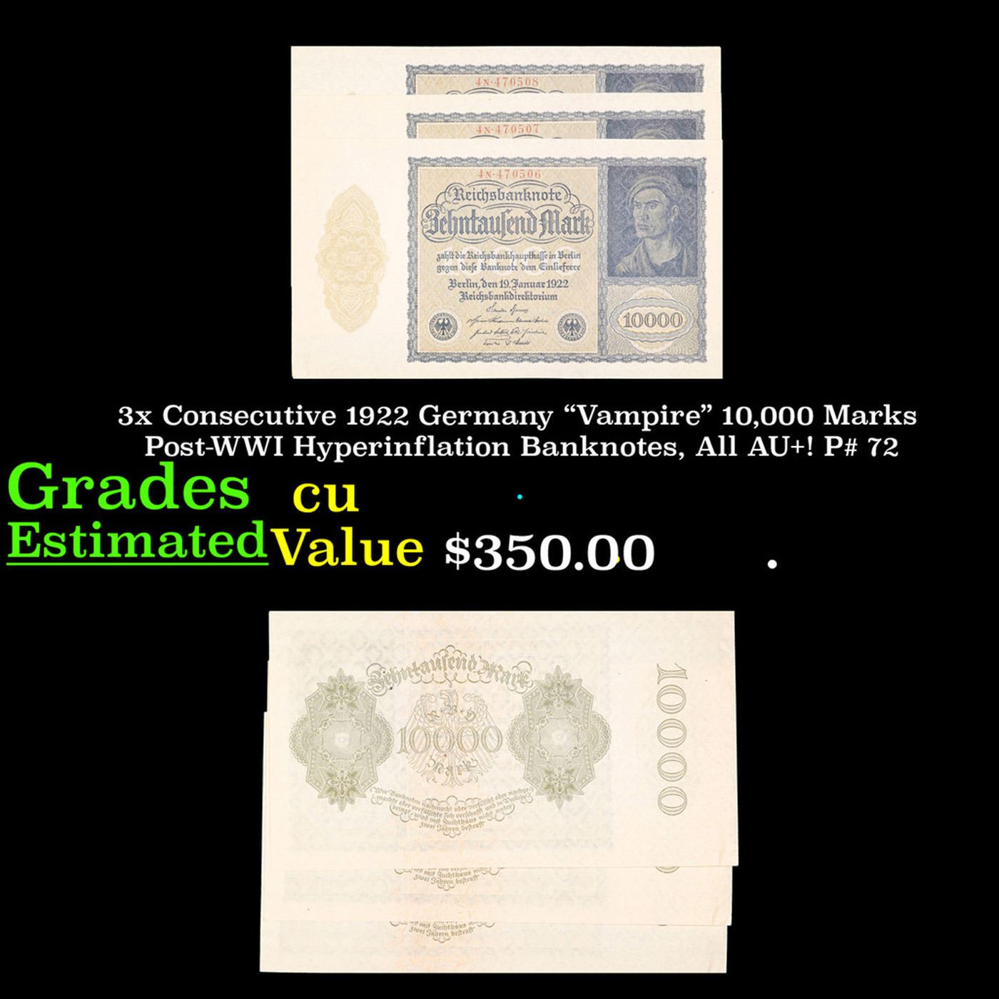 German Vampire Note 3x Consecutive 1922 Germany