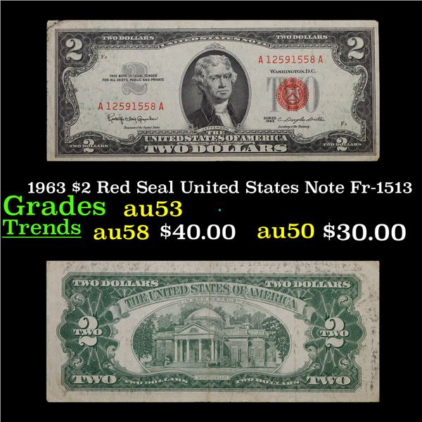 1963 $2 Red Seal United States Note Fr-1513 Grades Select AU