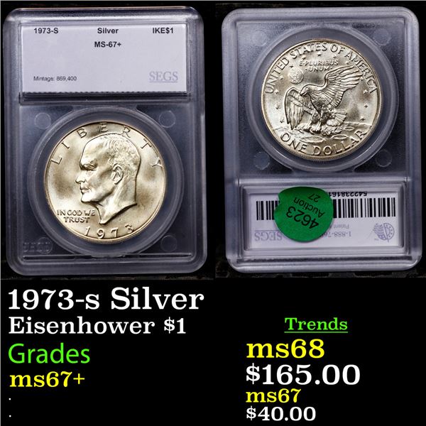 1973-s Silver Eisenhower Dollar $1 Graded ms67+ BY SEGS