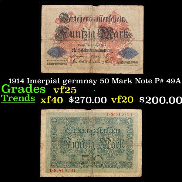 1914 Imerpial germnay 50 Mark Note P# 49A Grades vf+