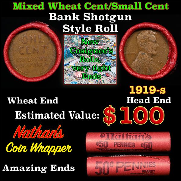 Mixed small cents 1c orig shotgun roll, 1919-s Lincoln Cent, Wheat Cent other end, Nathan's Brandt W