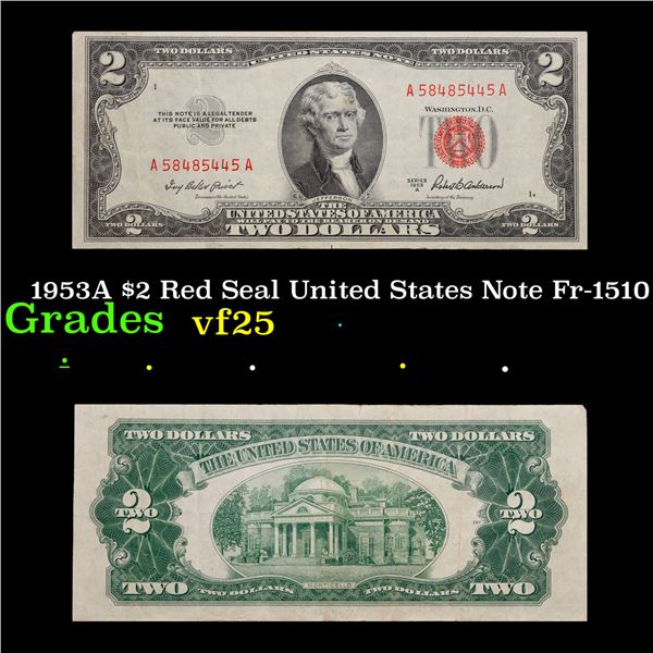 1953A $2 Red Seal United States Note Fr-1510 Grades vf+