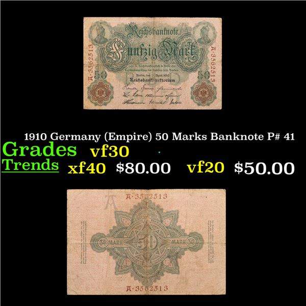 1910 Germany (Empire) 50 Marks Banknote P# 41 Grades vf++