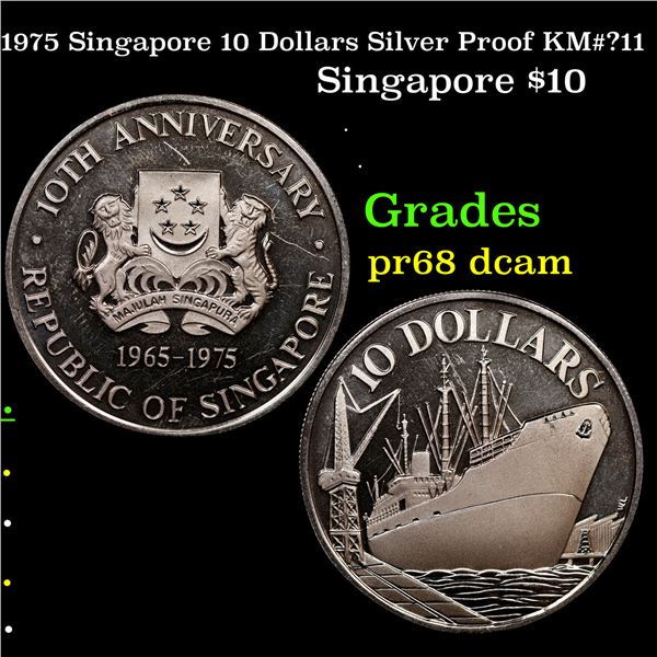 Proof 1975 Singapore 10 Dollars Silver Proof KM#?11 Grades GEM++ Proof Deep Cameo